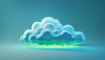 Wall Mural - 3D rendering of a surreal cumulus cloud with a green neon glow, set against a pastel blue sky backdrop