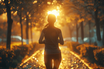 Poster - A woman jogging through a park, emphasizing physical fitness. Concept of cardiovascular health. Generative Ai.