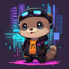 Sticker - A otter cartoon wearing a black jacket and orange shirt with a logo on it