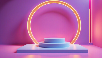 Wall Mural - 3d abstract futuristic scene with neon geometric shapes and ultraviolet lighting on an empty pedesta