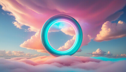 Wall Mural - neon-lit geometric ring floats within a surreal cloud-filled sky, creating a futuristic and minimali