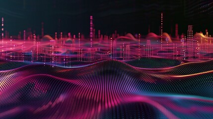 Wall Mural - Abstract Digital Landscape with Wavy Lines and Glowing Lights. AI Generative