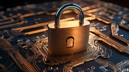 Poster - Digital illustration of a glowing padlock on a circuit board, symbolizing cybersecurity and data protection