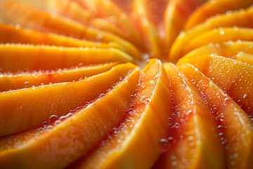 Wall Mural - Mango slices laid out to resemble a sunburst. Concept of tropical health benefits. Generative Ai.