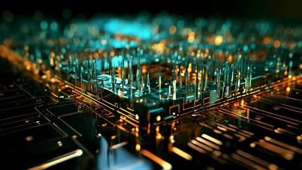 Poster - Close-up of electronic circuit board with glowing lights. Technology background