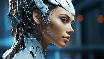 Poster - Robot and human face. Concept of artificial intelligence and cybersecurity