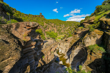 Sticker - Panorama landscape of rock formations of Tasyaran Valley Natural Park canyon ( Tasyaran Vadisi) . Located in Usak (Usak), Turkey