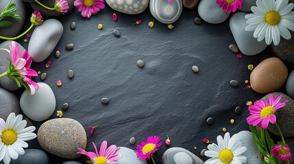 Natural stone background with rounded pebbles and summer flowers on it