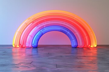 Wall Mural - Bright Neon Rainbow Arch Sculpture on Reflective Surface, Creating a Bold and Modern Statement in Digital Photography