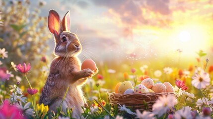 A rabbit is sitting in a basket full of Easter eggs. The basket is placed on the grass, and the rabbit is looking up at the sky. The scene is peaceful and serene