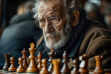 Canvas Print - A retiree playing chess with friends, engaging in strategic thinking. Concept of intellectual challenges and social activities. Generative Ai.