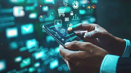 A businessman hands hold a smartphone with digital symbol. Modern technology in business. Video footage.