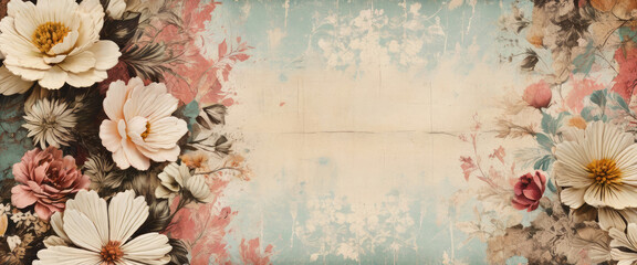 Wall Mural - Aged vintage paper background with delicate floral elements.