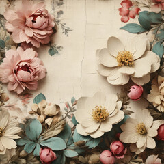 Wall Mural - Aged vintage paper background with delicate floral elements.