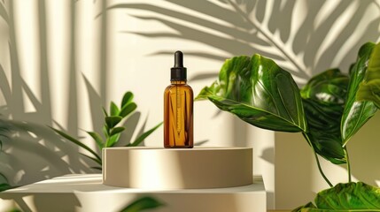 Wall Mural - Natural cosmetic showcased in amber dropper bottle on podium with plants beauty care concept