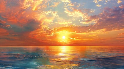Wall Mural - A bright yellow sun is shining through the clouds on a beautiful ocean water reflection