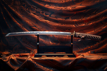 A traditional Japanese katana with a sharp, curved blade and an intricately wrapped hilt placed on a display stand against a dark silk background.. AI generated.