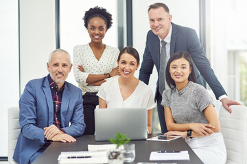 Wall Mural - HR, portrait smile and team collaboration in meeting strategy or planning at office. Management, group and happy employees working with support, teamwork and corporate plan or laptop at workplace