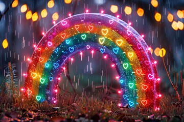 Canvas Print - Neon Rainbow Arch with Heart Lights in Garden Setting, Capturing a Whimsical and Joyful Atmosphere