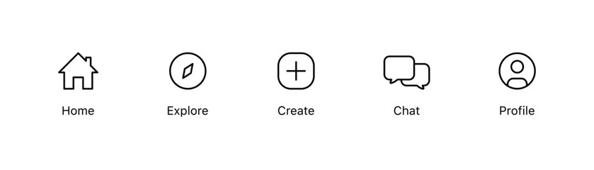 Address, home icon. Explore compass icon. Create new icon. Message chat speech bubble icon. User profile avatar icon - Web icons set. Editable stroke, outline