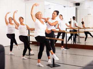 Wall Mural - Group of women engaged in ballet in a dance studio perfoms an exercise near the ballet barre, where the choreographer helps ..to coordinate the movements correctly