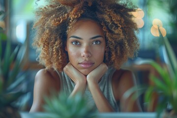 A contemplative woman with beautiful curly hair sits among green plants, possibly in a cafe or home environment