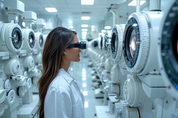Poster - Image of a woman engineer or technician among modern optical equipment