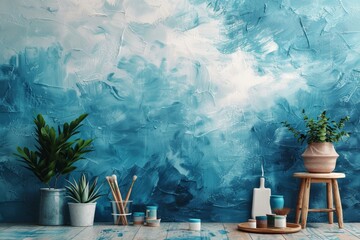 Poster - An interior design image showing a blue textured wall with modern decor
