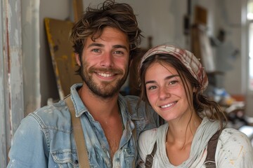 A joyful artisan couple poses together in a creative workshop environment