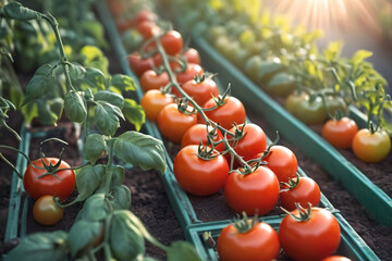 Tomatoes plant farming near the greenhouse. Holding tomatoes plant, Sun shineing the outdoor. Tomatoes growing on the farm outdoors. Fresh bunch of red natural tomatoes in organic vegetable garden.