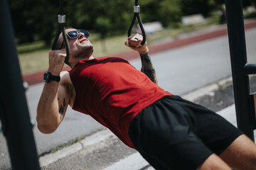 Sticker - Focused athletic man with tattoos working out at an outdoor gym in an urban park, engaging in pull-ups under the summer sun.