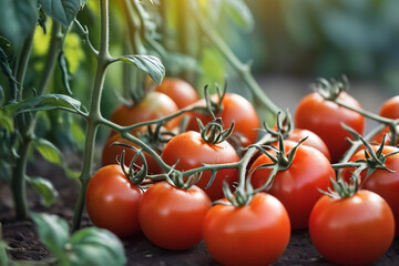 tomatoes on vine, Tomatoes growing on the farm outdoors. Fresh bunch of red natural tomatoes in organic vegetable garden.