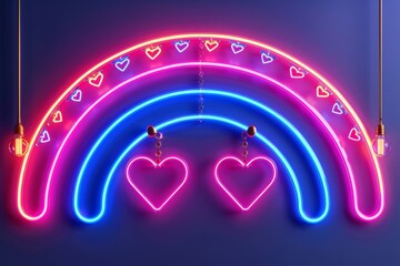 Wall Mural - Neon Heart and Rainbow Light Installation in Modern Setting, Capturing a Vibrant and Joyful Visual Display