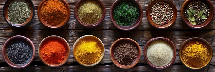 Poster - A top-down view of various colorful spices in ceramic bowls arranged on a rustic wooden surface. Generative AI