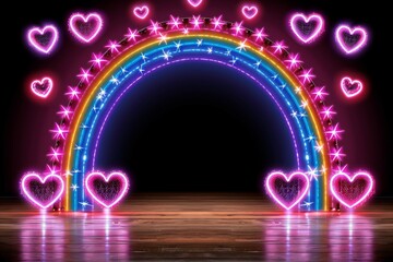 Sticker - Vibrant Neon Rainbow Arch with Heart Lights, Creating a Joyful and Festive Decorative Piece