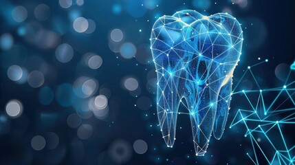 Wall Mural - futuristic digital tooth on a dark blue background with glowing dots