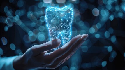 Wall Mural - Hand holding glowing digital tooth hologram, AI technology concept for dental care