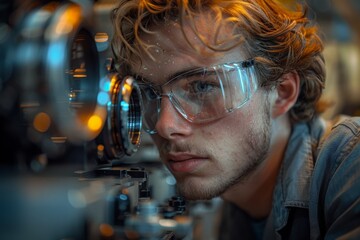 Poster - Image focused on laboratory equipment with a scientist examining closely