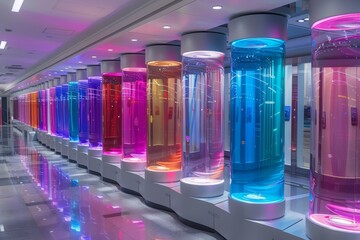 Poster - Illuminated Rainbow Light Columns in Modern Hallway, Creating a Futuristic and Dynamic Visual Display