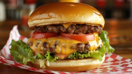 Sticker - A cheeseburger with cheese, lettuce and tomatoes on a checkered tablecloth, AI