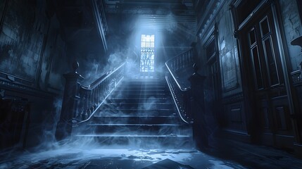 Wall Mural - the eerie ambiance of a spooky mansion at night, with a foggy staircase and a glowing ghostly apparition floating in the dim light, creating a hauntingly realistic scene. Realistic HD