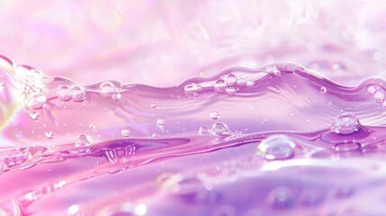 Wall Mural - Close up of serum or water with light purple and pink gradient background transparent beauty sample clear cosmetic liquid smudge long banner for text