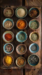 Fototapete - A top-down view of various colorful spices in beautiful ceramic bowls arranged on a rustic wooden surface. Generative AI