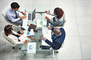Poster - Meeting, statistics and business people in office with laptop for planning, strategy and collaboration. Charts, graphs and teamwork in meeting for growth, development and data analysis from above