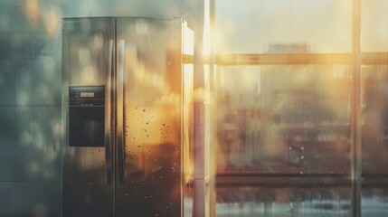 Poster - A metallic refrigerator in a kitchen with water droplets on the glass, AI