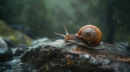 Wall Mural - Snail on damp rock at the brink