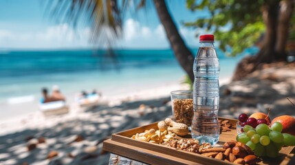 Poster - A bottle of water and nuts on a beach with fruit, AI