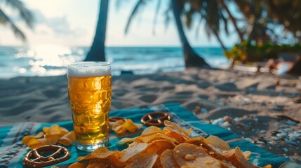Wall Mural - A beer and chips on a beach with the ocean in background, AI
