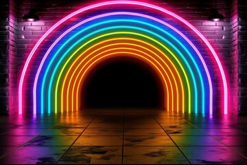 Wall Mural - Neon rainbow arch on a dark brick wall, creating a vibrant and lively atmosphere, perfect for urban and nightlife themed designs