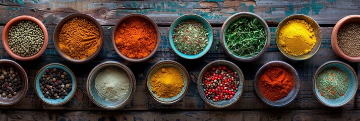 Aufkleber - A top-down view of colorful spices in ceramic bowls on a rustic wooden surface. Generative AI